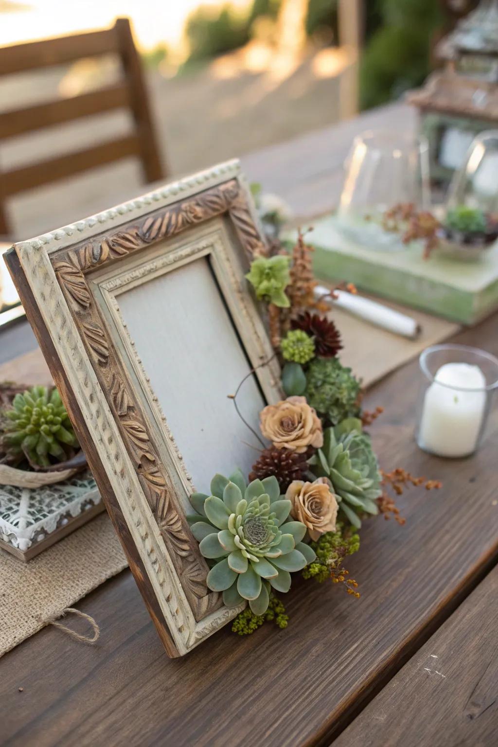 Reclaimed wood frame adorned with succulents and dehydrated flowers.