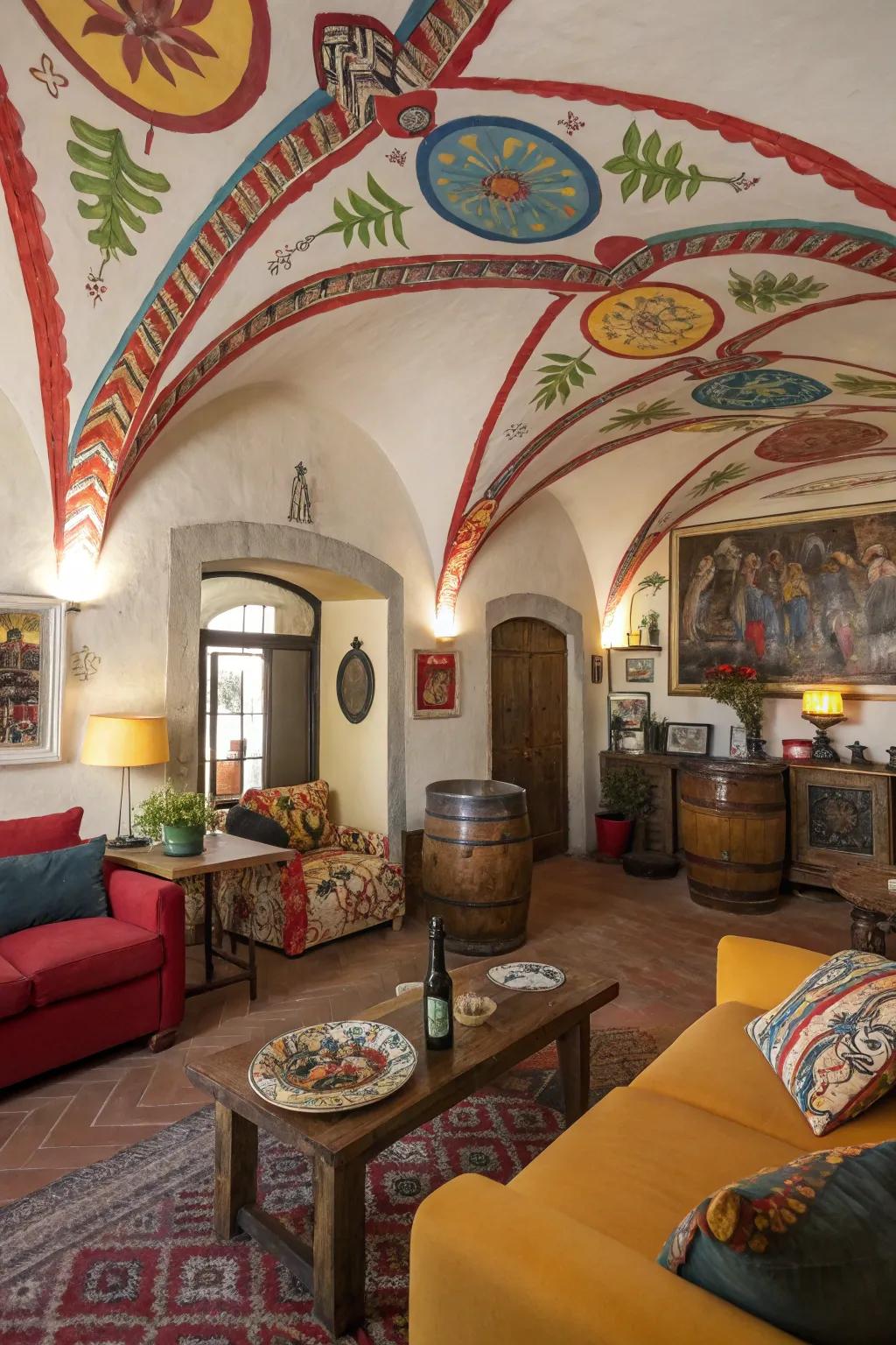 An artistic living room showcasing a colorful painted vaulted ceiling.