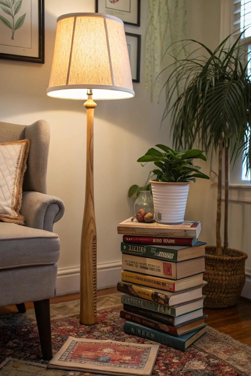 A willow stick adds charm to a lamp base.