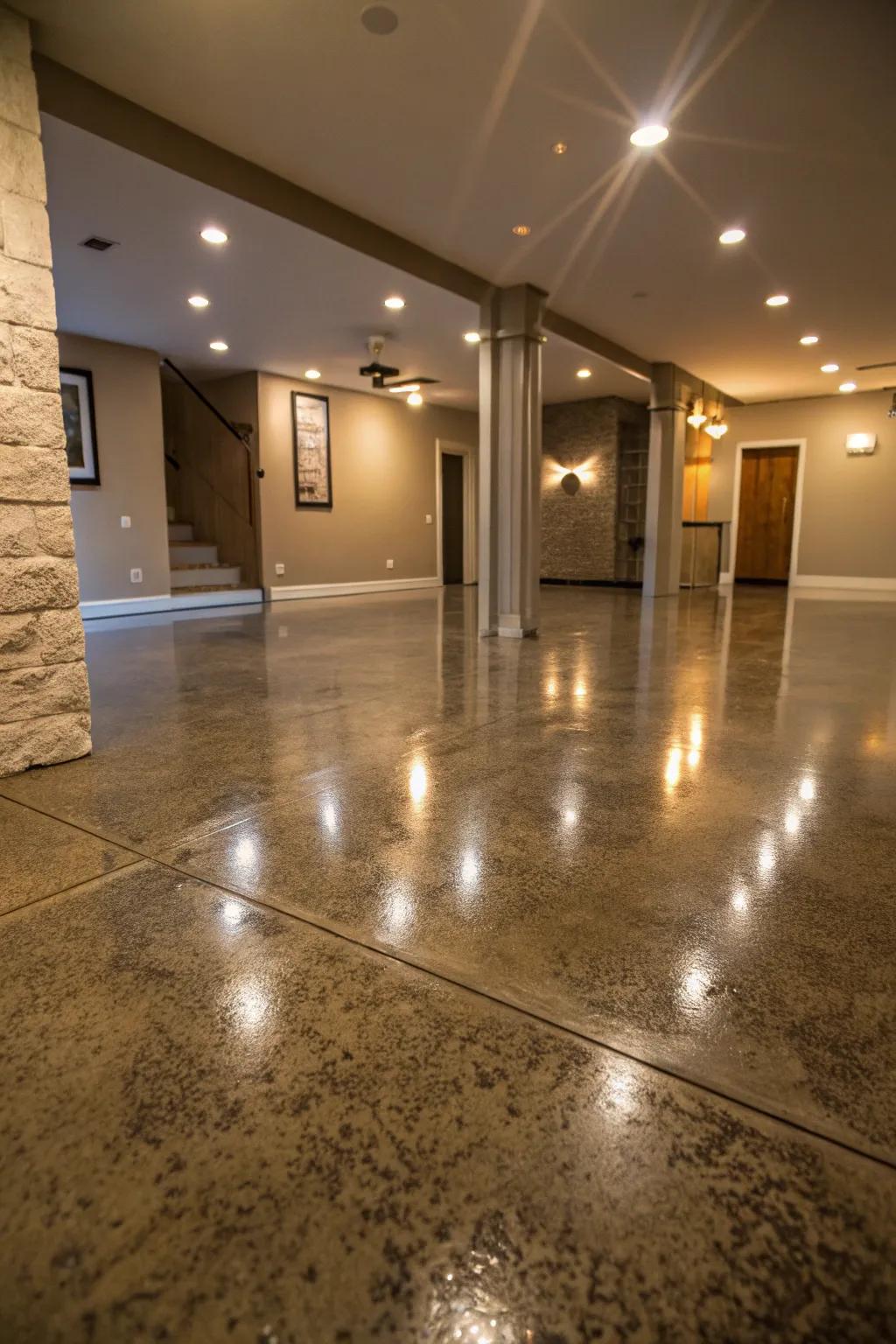 Ambient lighting enhances the texture and color of concrete floors, adding sophistication.