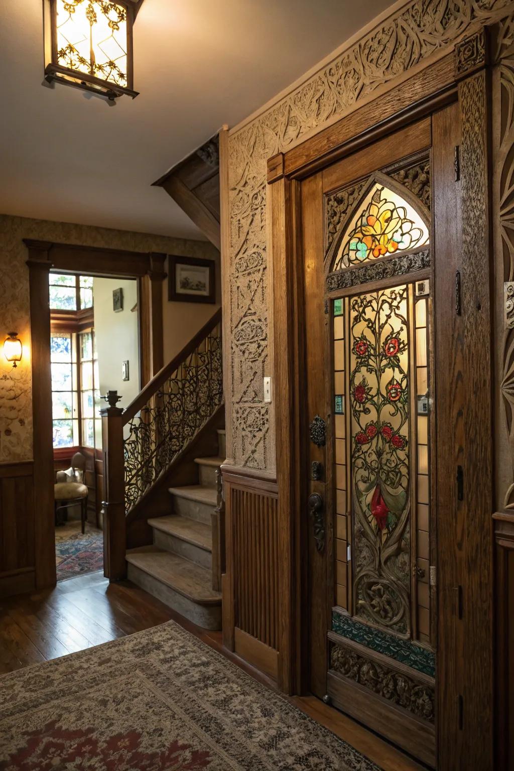 Ornamental accents on a basement door contribute to its charm and sophistication.