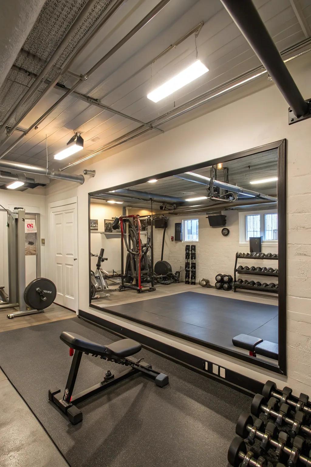 Mirrors add depth and practicality to gym areas.