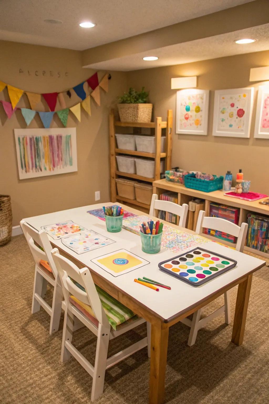 An arts and crafts station fosters creativity and hands-on learning.
