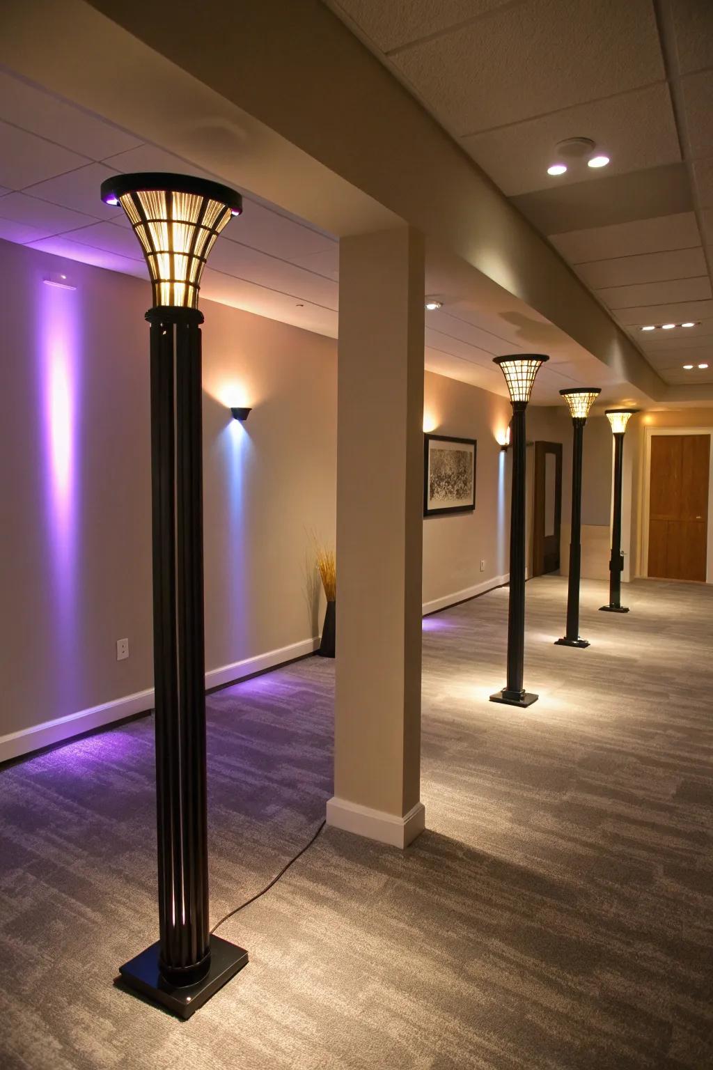 Mood lighting fixtures enhance the atmosphere around basement poles.