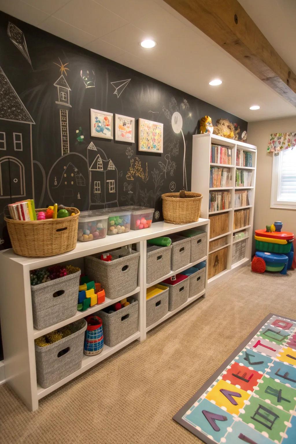 A lively kids' playroom in the basement showcasing bright decor and a chalk-friendly wall.