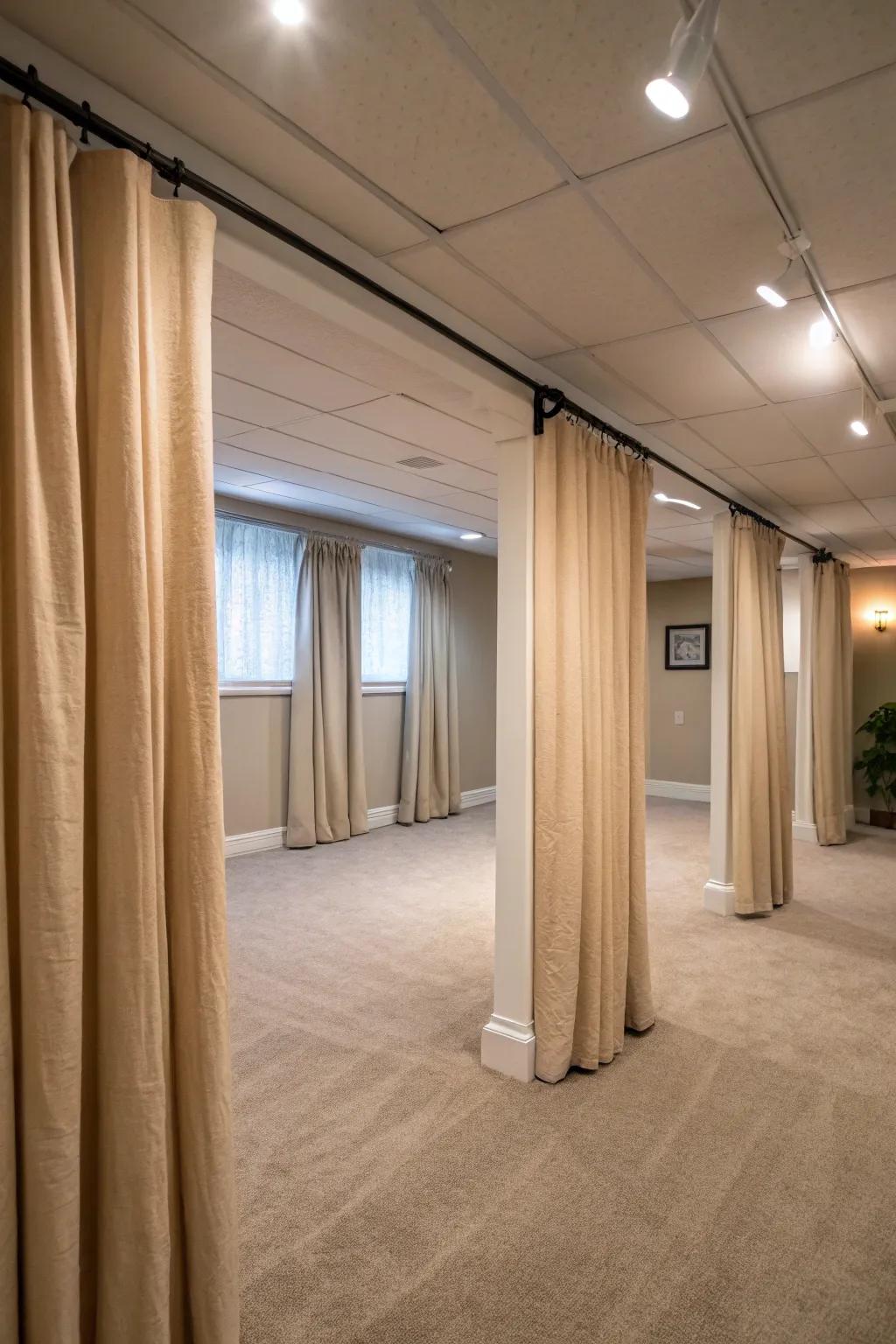 Neutral drapes give a classic and adaptable appearance.