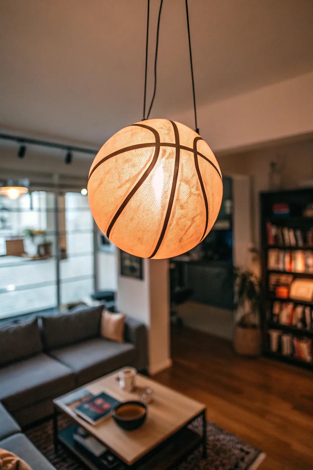 An illumination source crafted in the likeness of a basketball bathes the area in light.