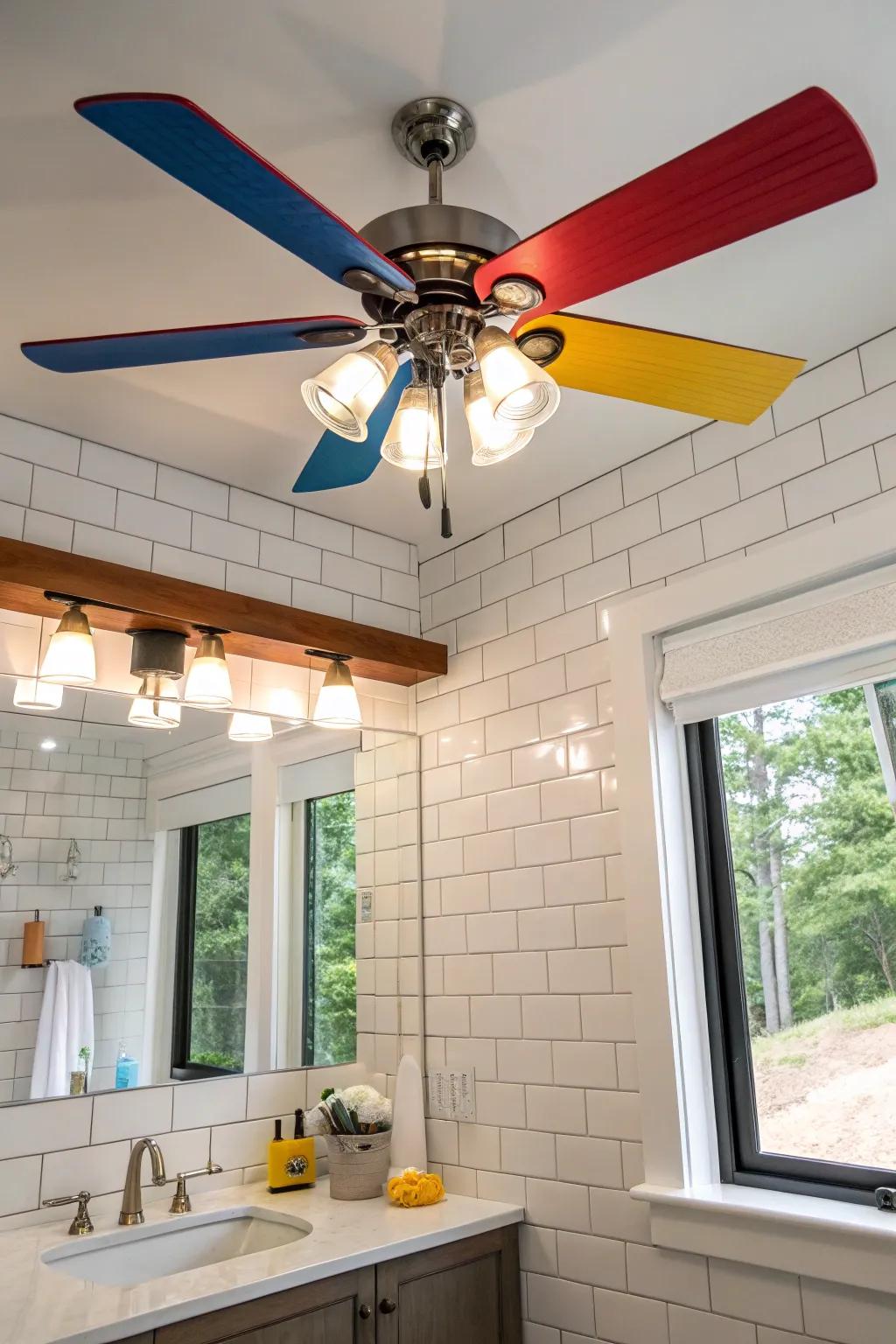 A bathroom showcasing a striking, vibrant fan with illumination.