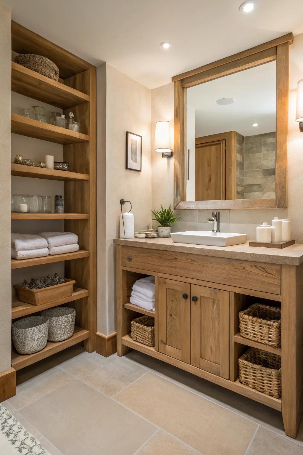 A bathroom where wooden details contribute warmth and a natural feel to the decor.