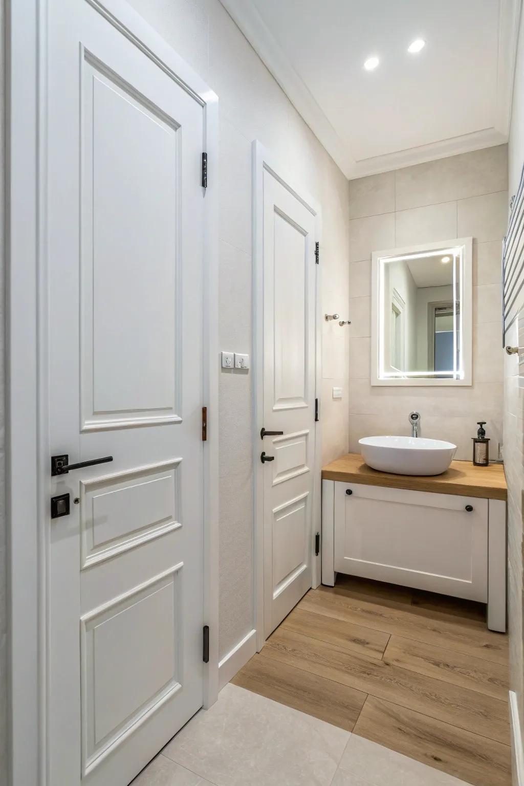 A tidy and airy bathroom atmosphere is enhanced by white panels.