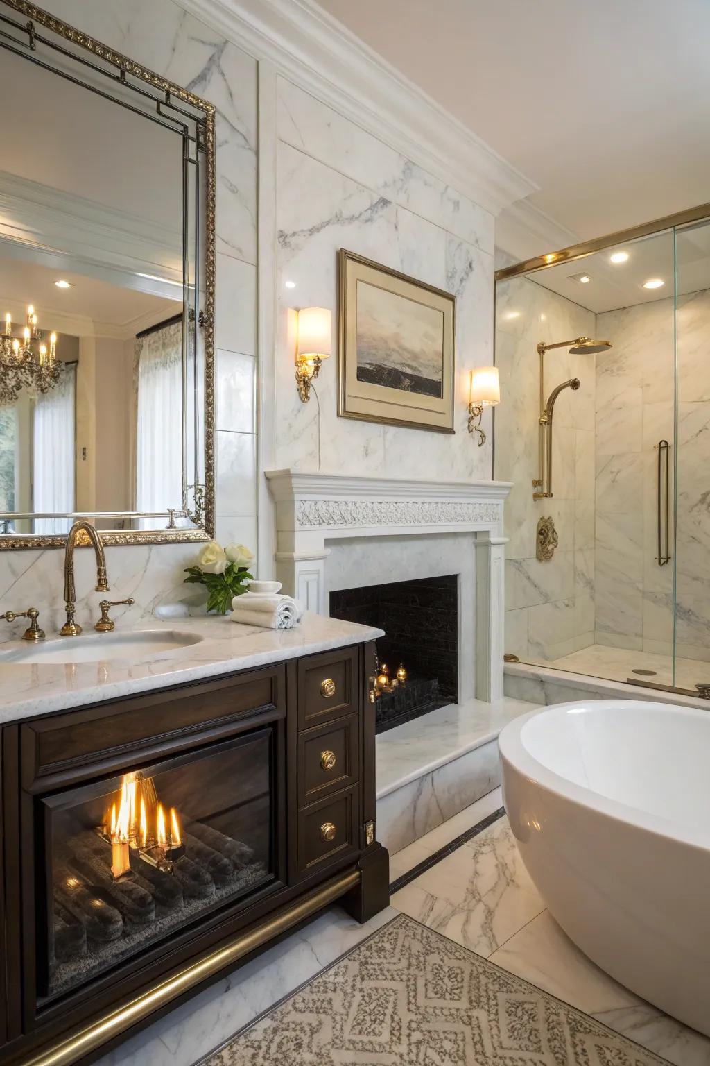 Stylish fittings add a dash of luxury to the fireplace setup.