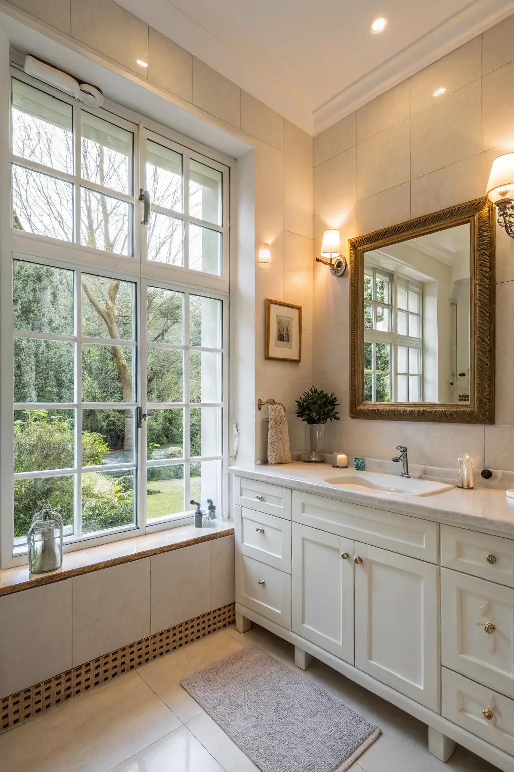 A bathroom design leverages natural light to create a bright and cheerful atmosphere.