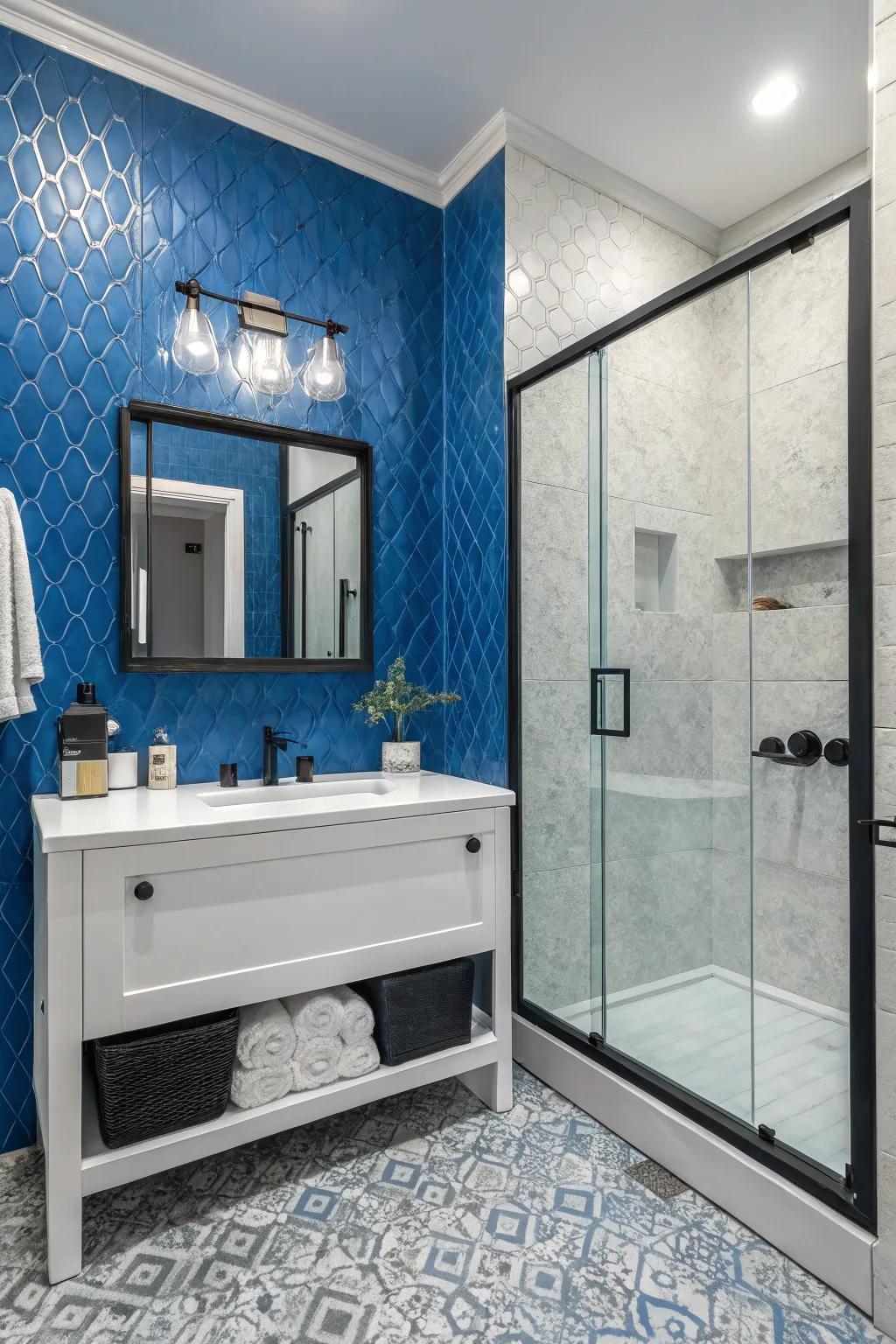 A bold and textured bathroom with vibrant teal walls.