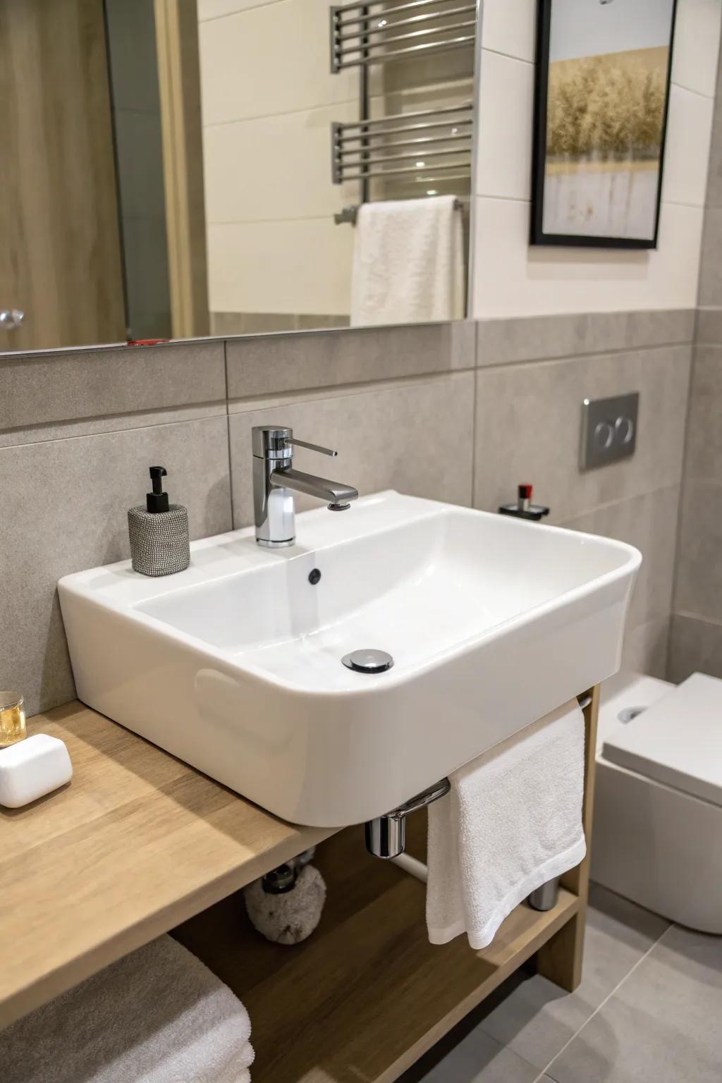 A wall-mounted sink enhances the sense of space and promotes a minimalist appearance.