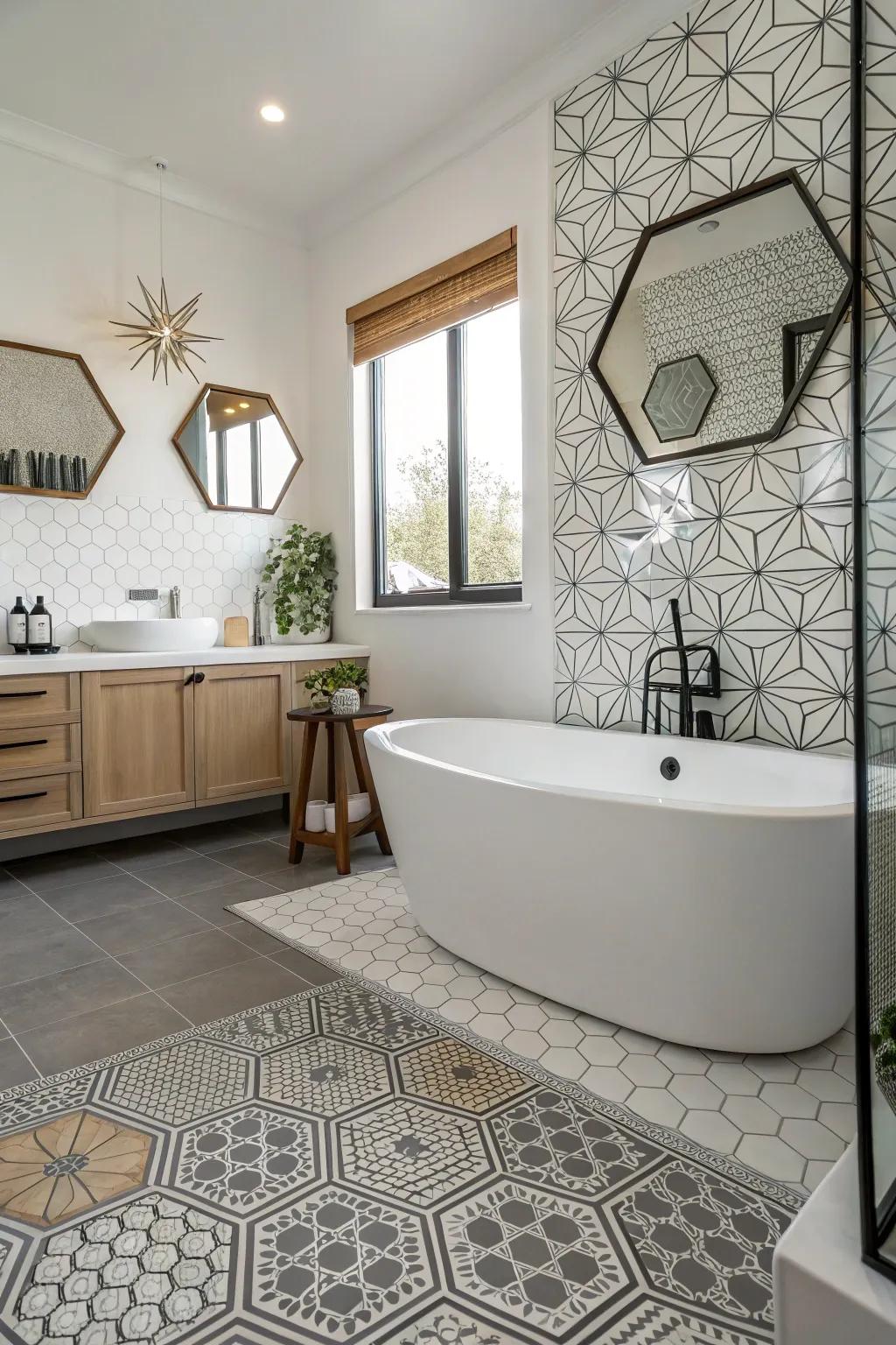Hexagonal resilient flooring provides a modern and fashionable feature to this bathroom.