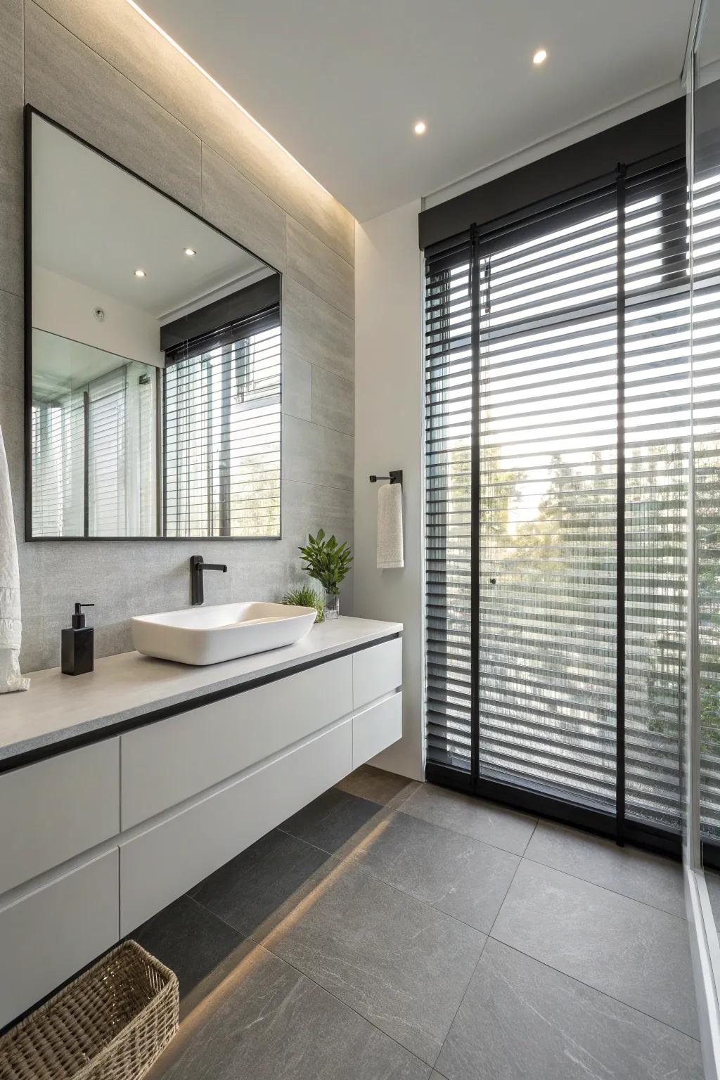 Sleek lines: Modern blinds uplift contemporary bathroom designs.