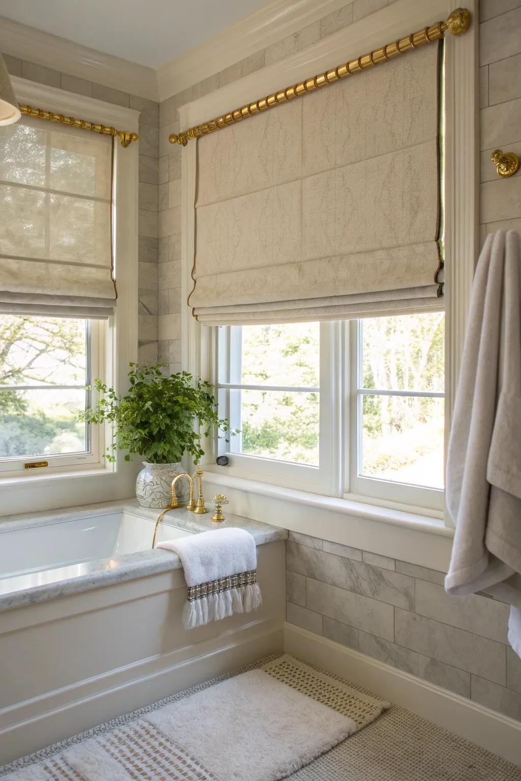 Refined and practical: Concertina shades make for a sophisticated bathroom. #ElegantDesign #RomanShades
