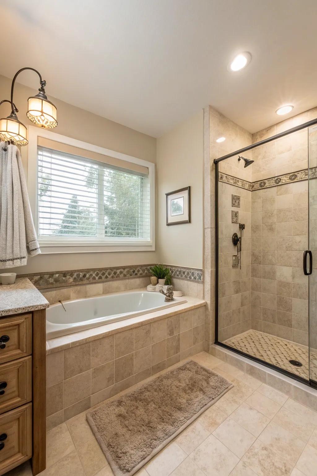 Neutral shades generating a serene ambiance within the bathroom.