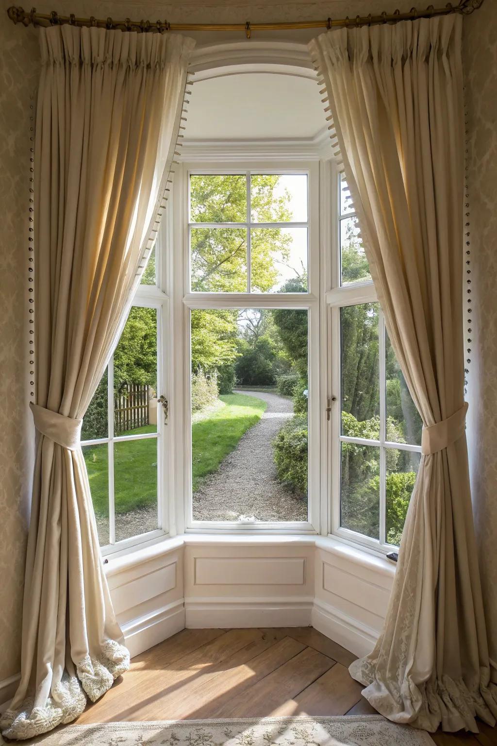 Tiebacks offering a stylish touch while framing the bay window.