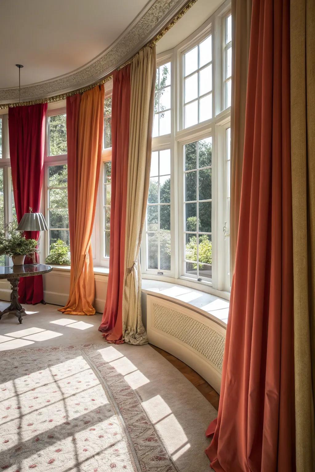 Generate a bold declaration together with extraordinary curtains nearby the bay window.