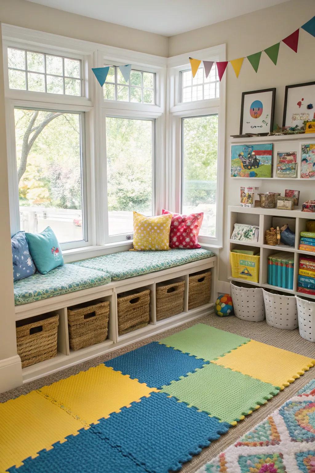 A bay window play area provides a radiant and cheerful space for children.