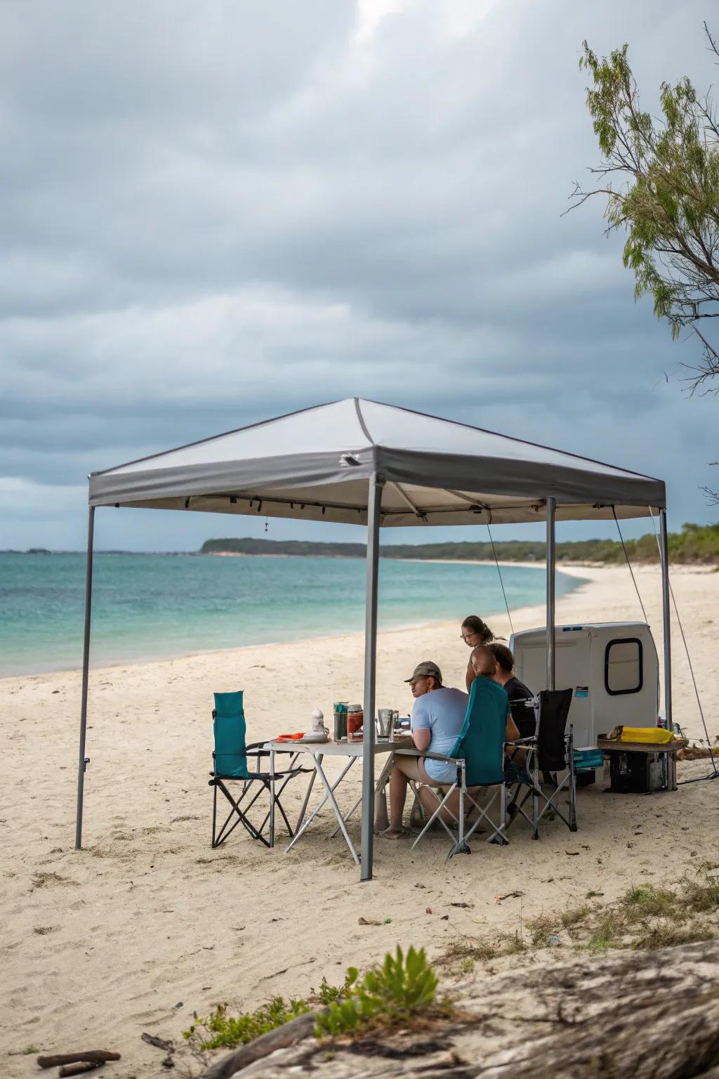 Moveable awnings provide large shade areas for beach picnics.