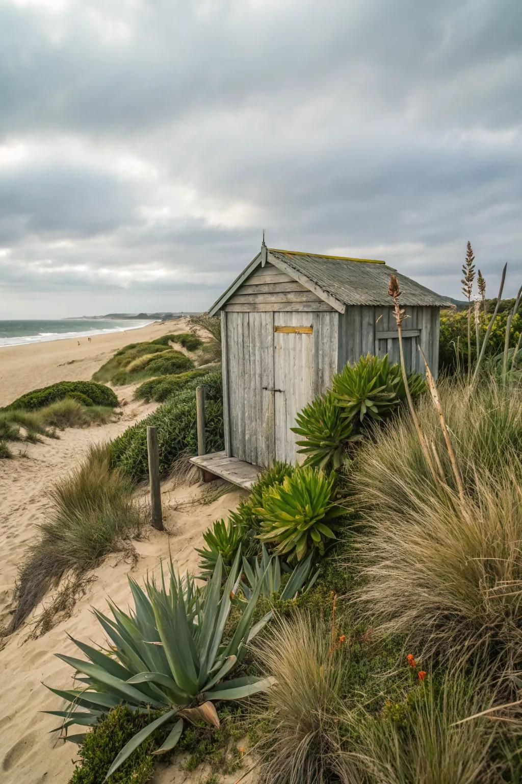 Coastal plants form a natural border around the beach shed.