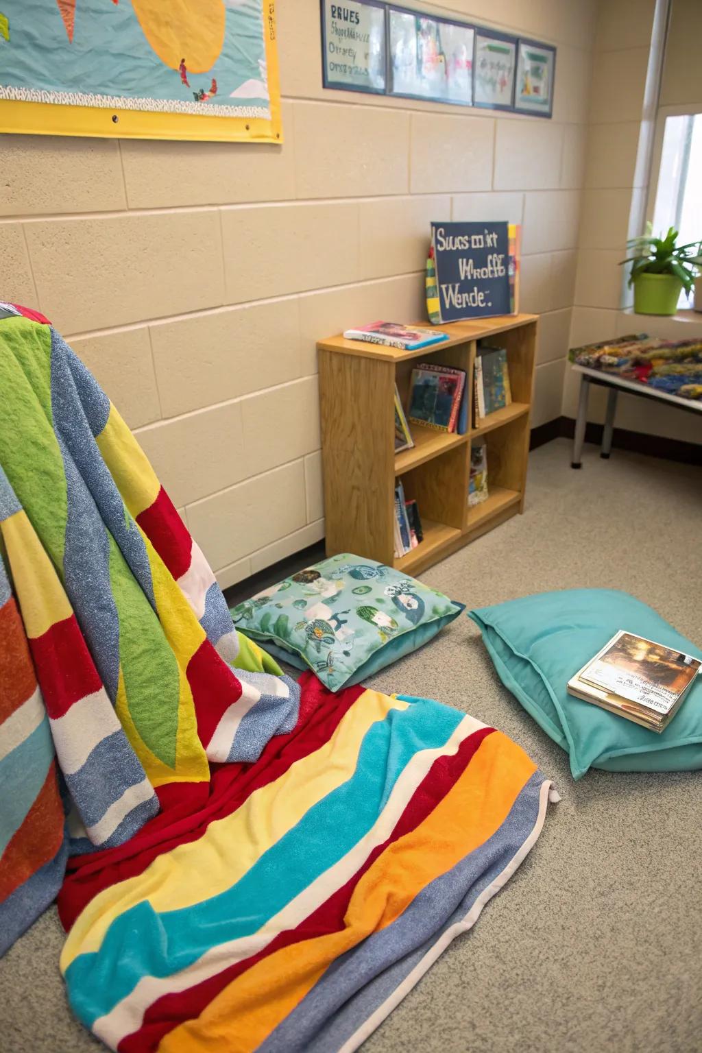 A cozy reading nook featuring beach blankets, suitable for a relaxed reading period.