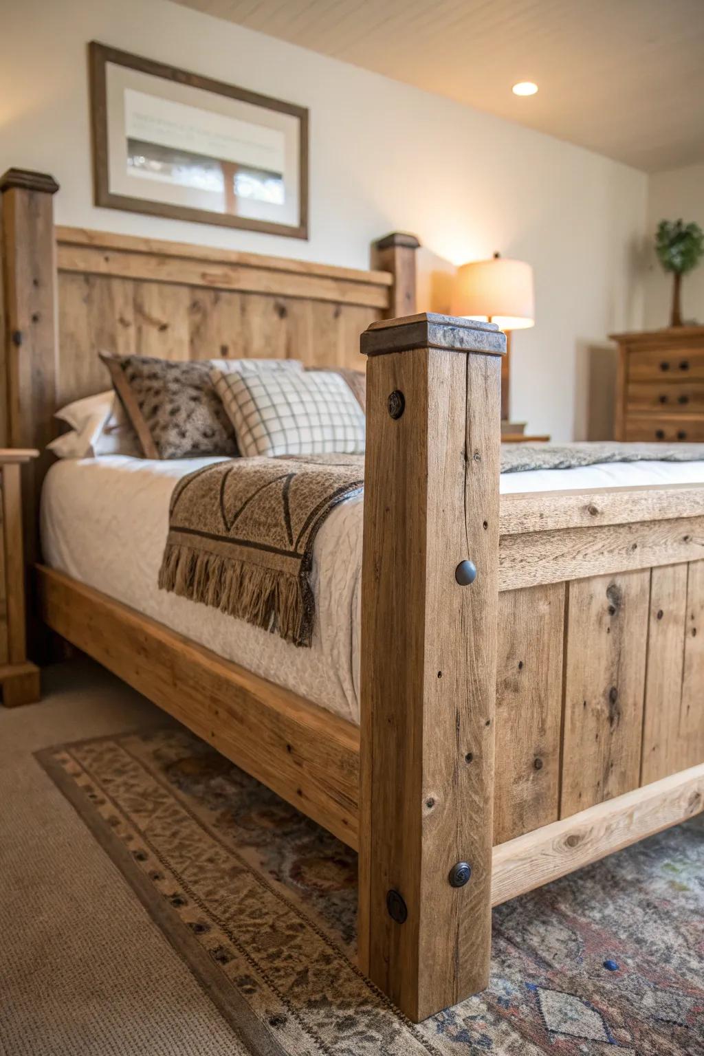 A reclaimed wood bed frame brings a cozy, farmhouse feel.