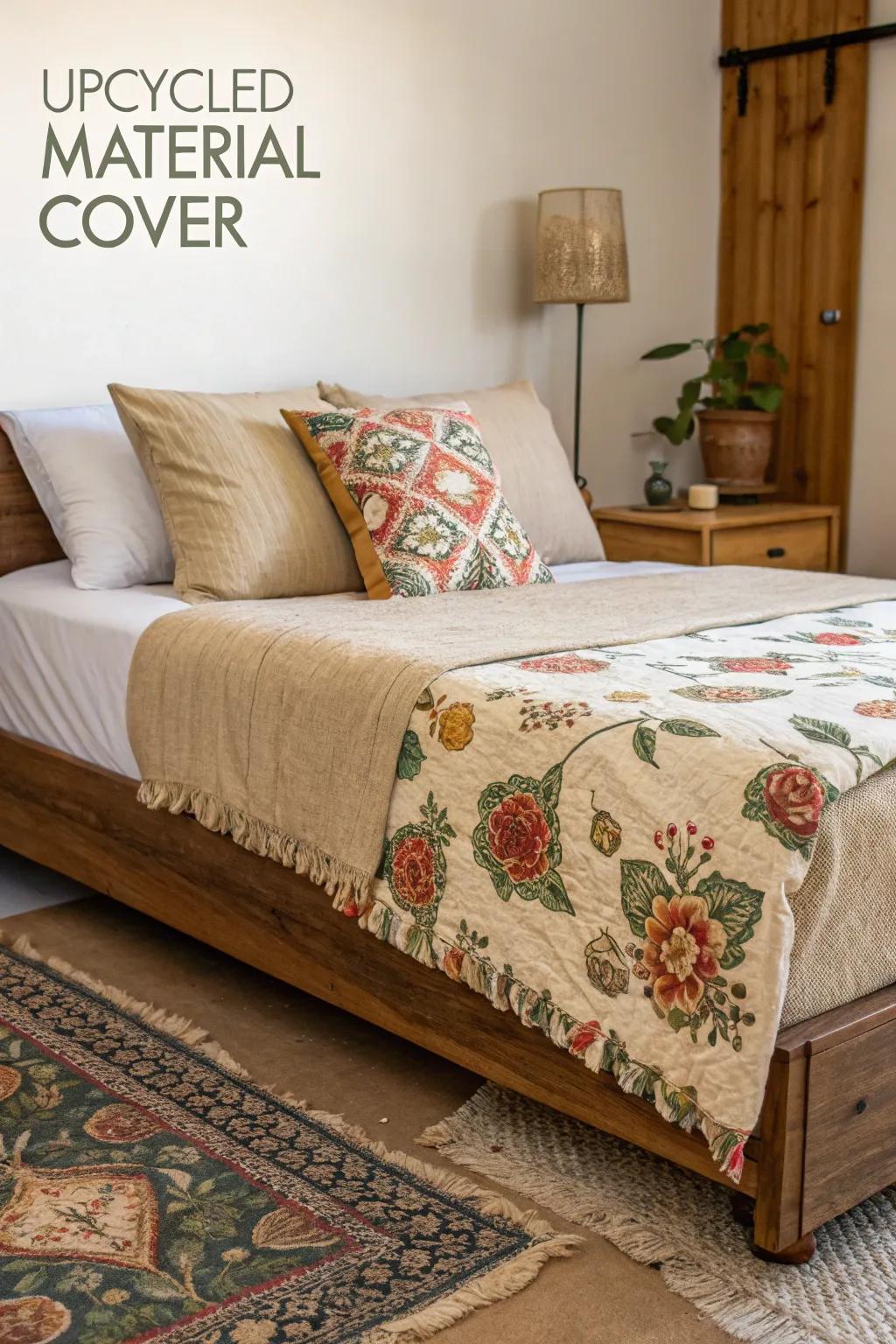 Repurposed materials result in a unique and eco-friendly bed cover.