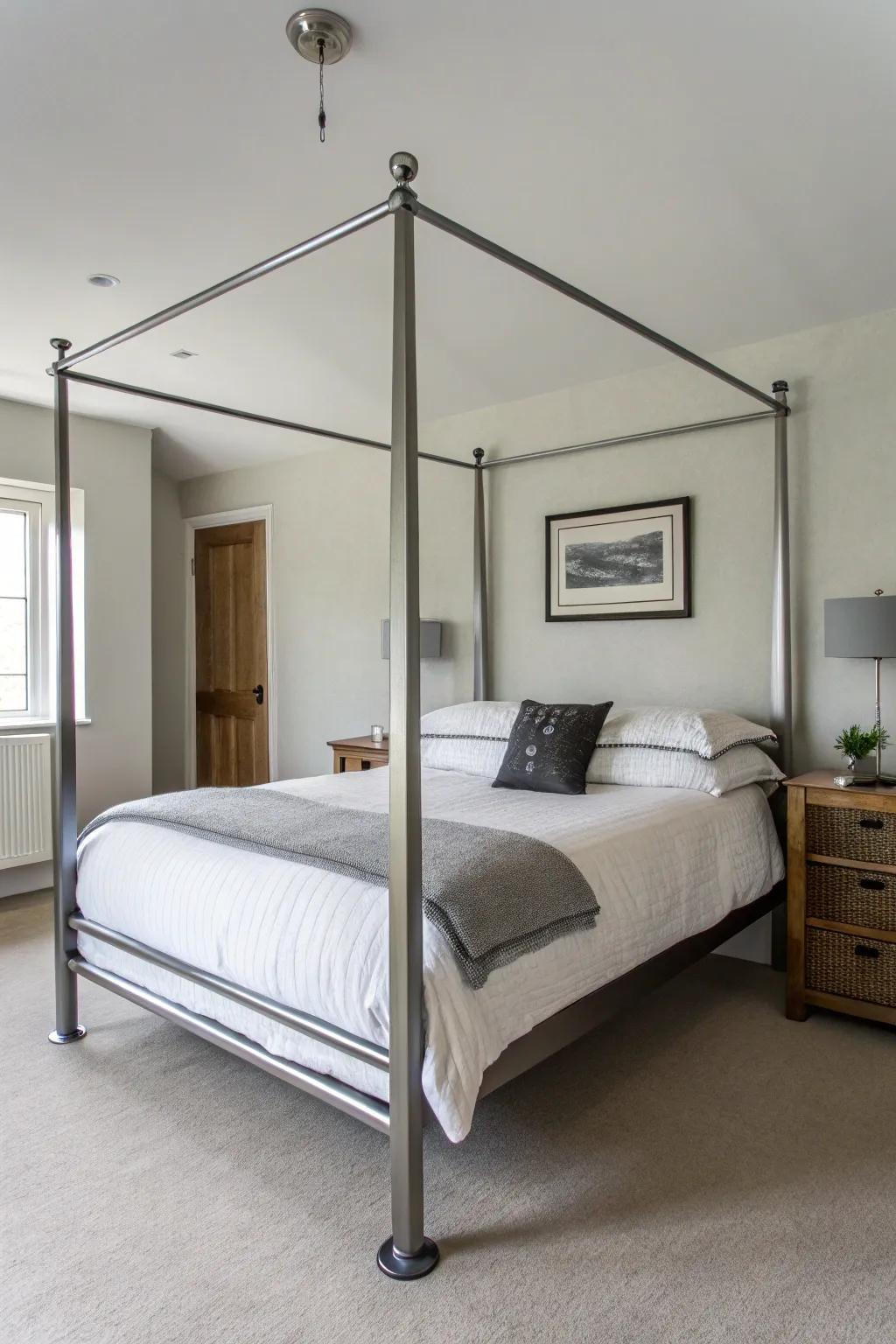 Refined metal bedposts present a modern and minimalist aesthetic.