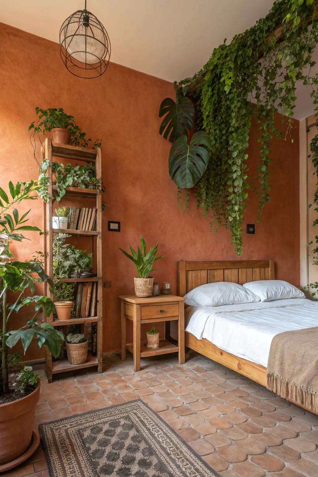 Natural hues provide a harmonious and secure bedroom atmosphere.