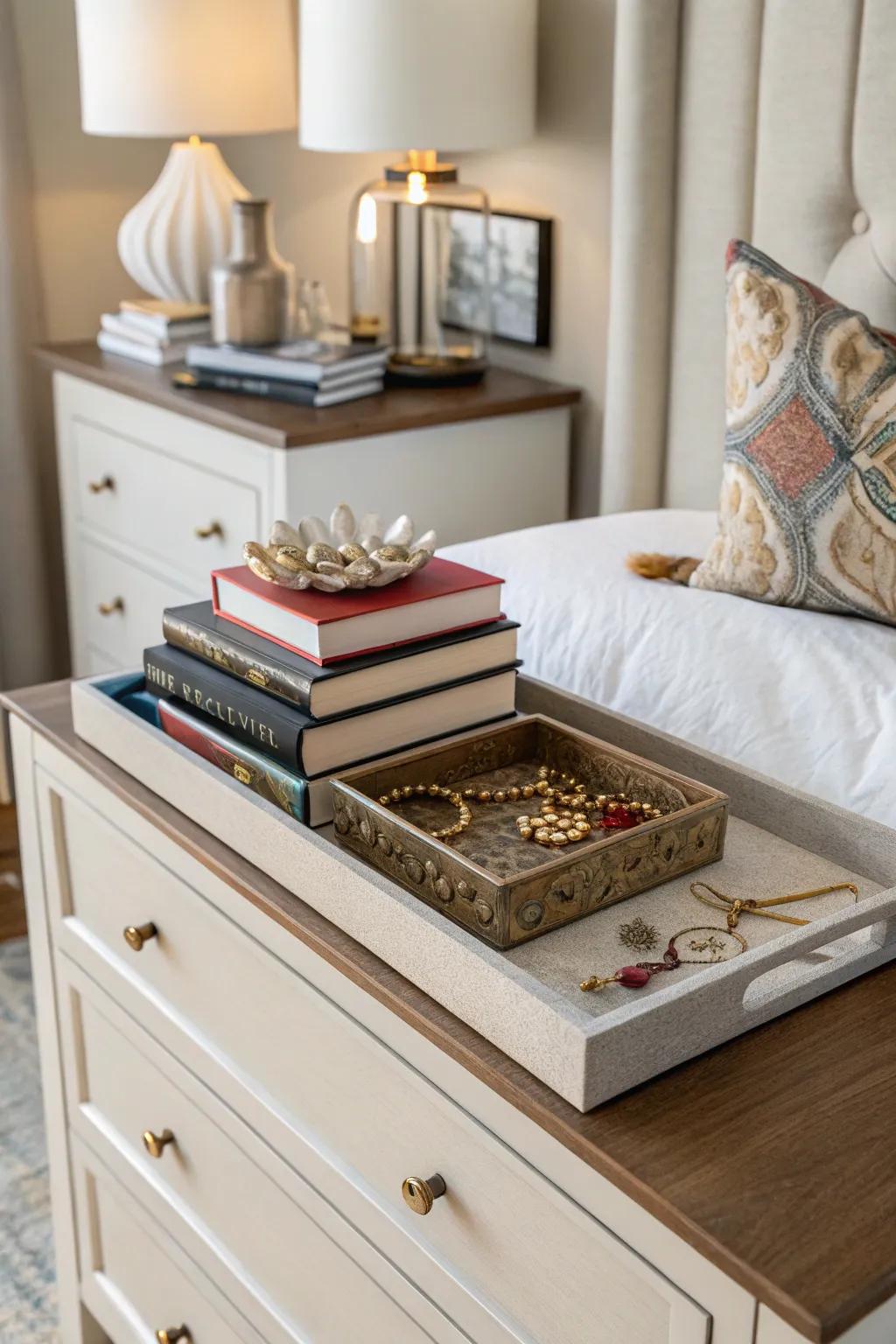 Books and trays offer both style and organization.
