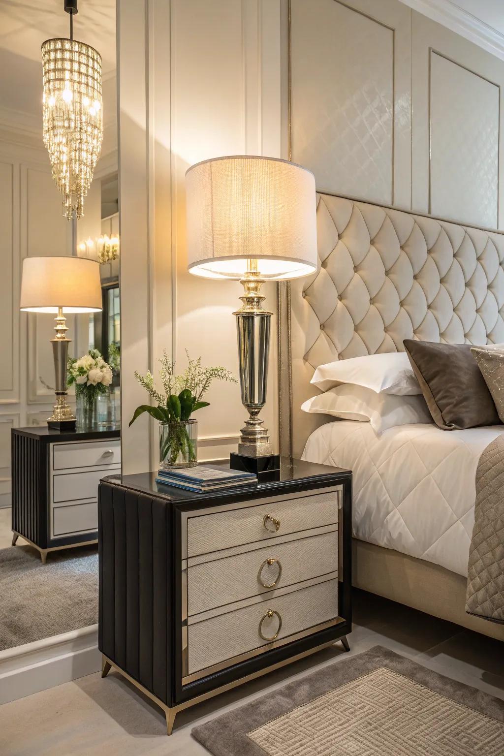 Chic nightstands and stylish lamps add elegance and functionality to this bedroom.