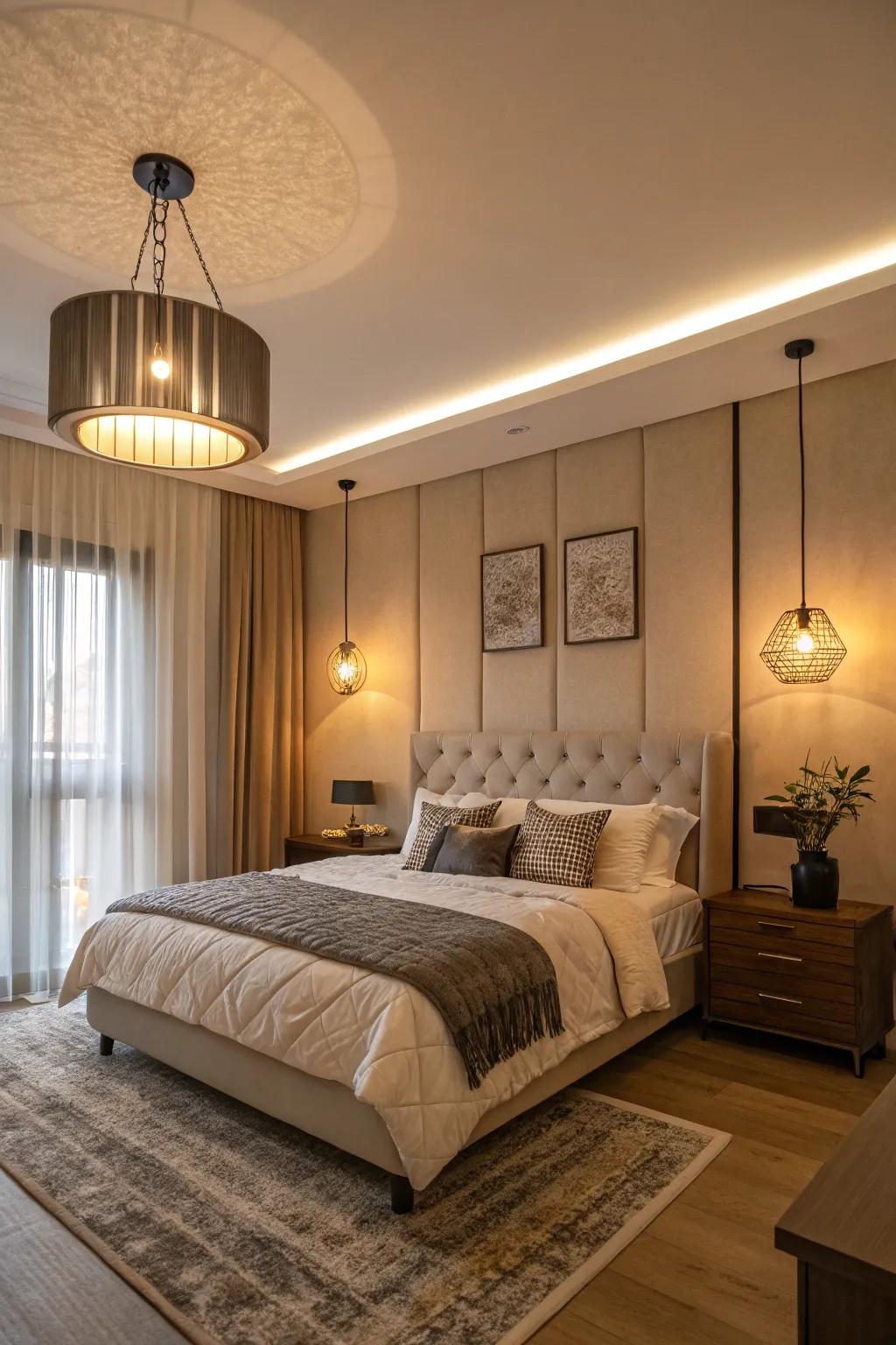 Modern lighting incorporates both practicality and flair to this bedroom.