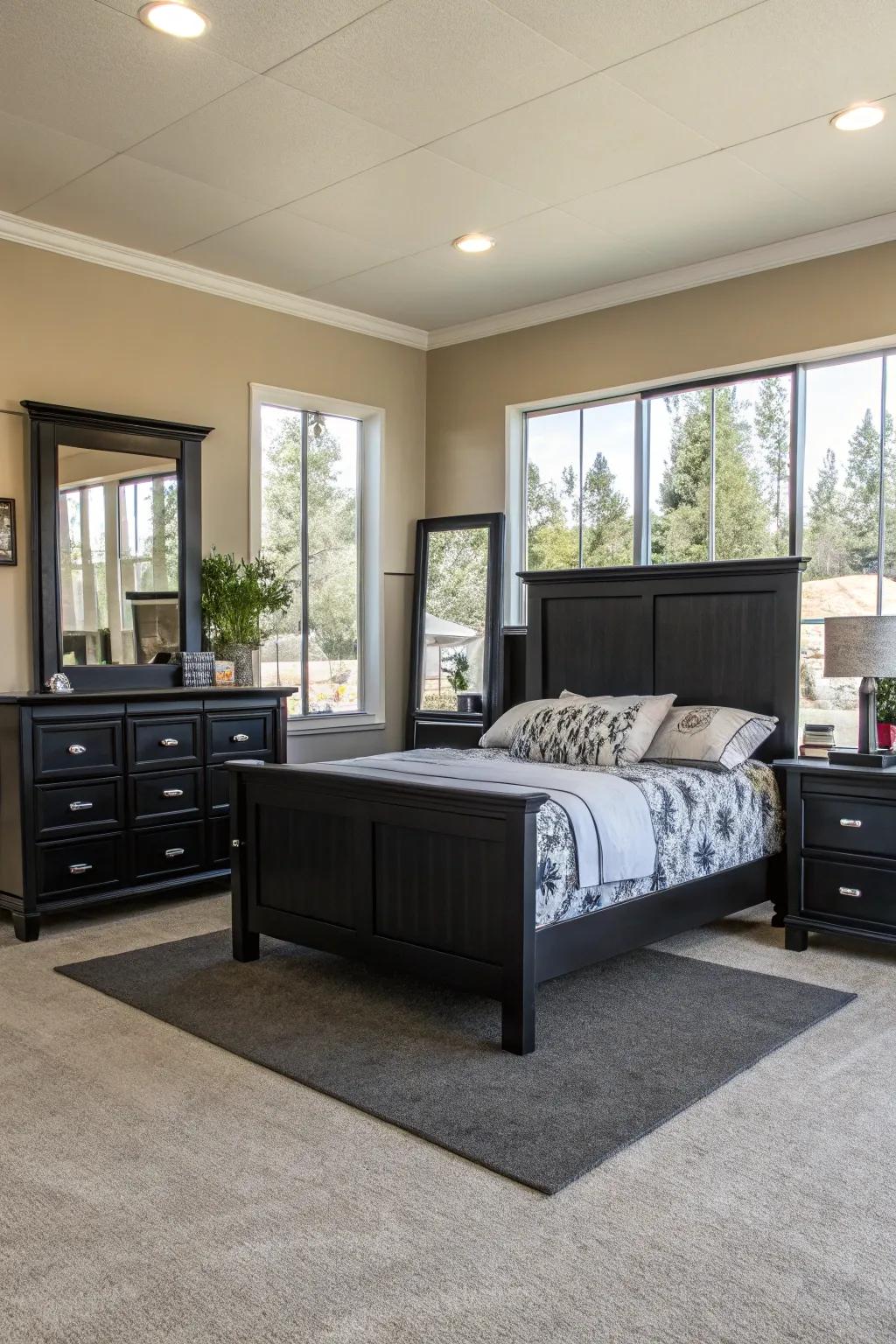 Reflectors brighten the room, enhancing light within a space featuring dark furniture.