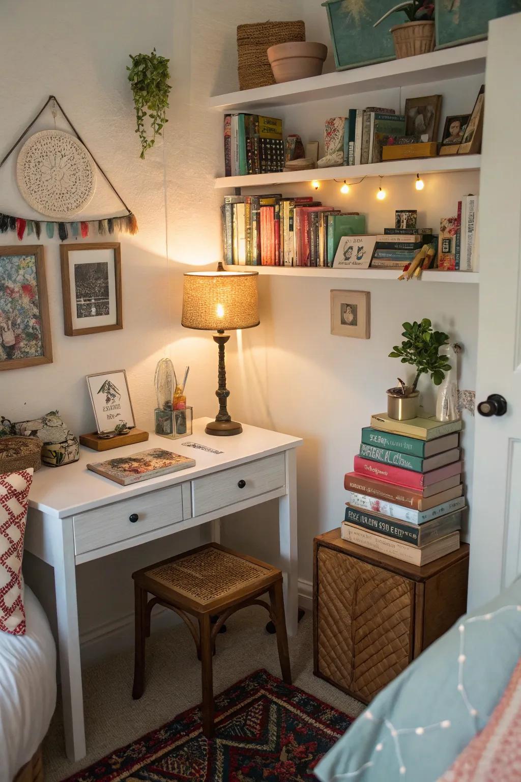 A personalized bedroom nook with books and decorations that show individual style.