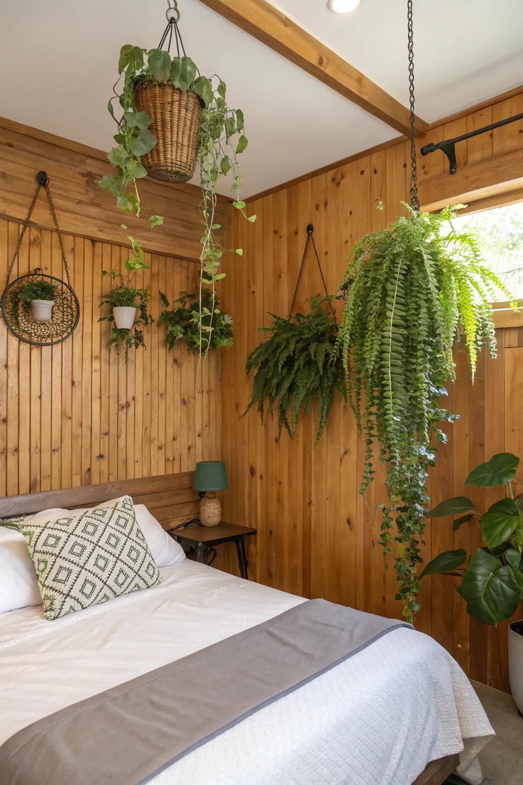 Organic accents such as wood and plants foster a tranquil, natural bedroom atmosphere.