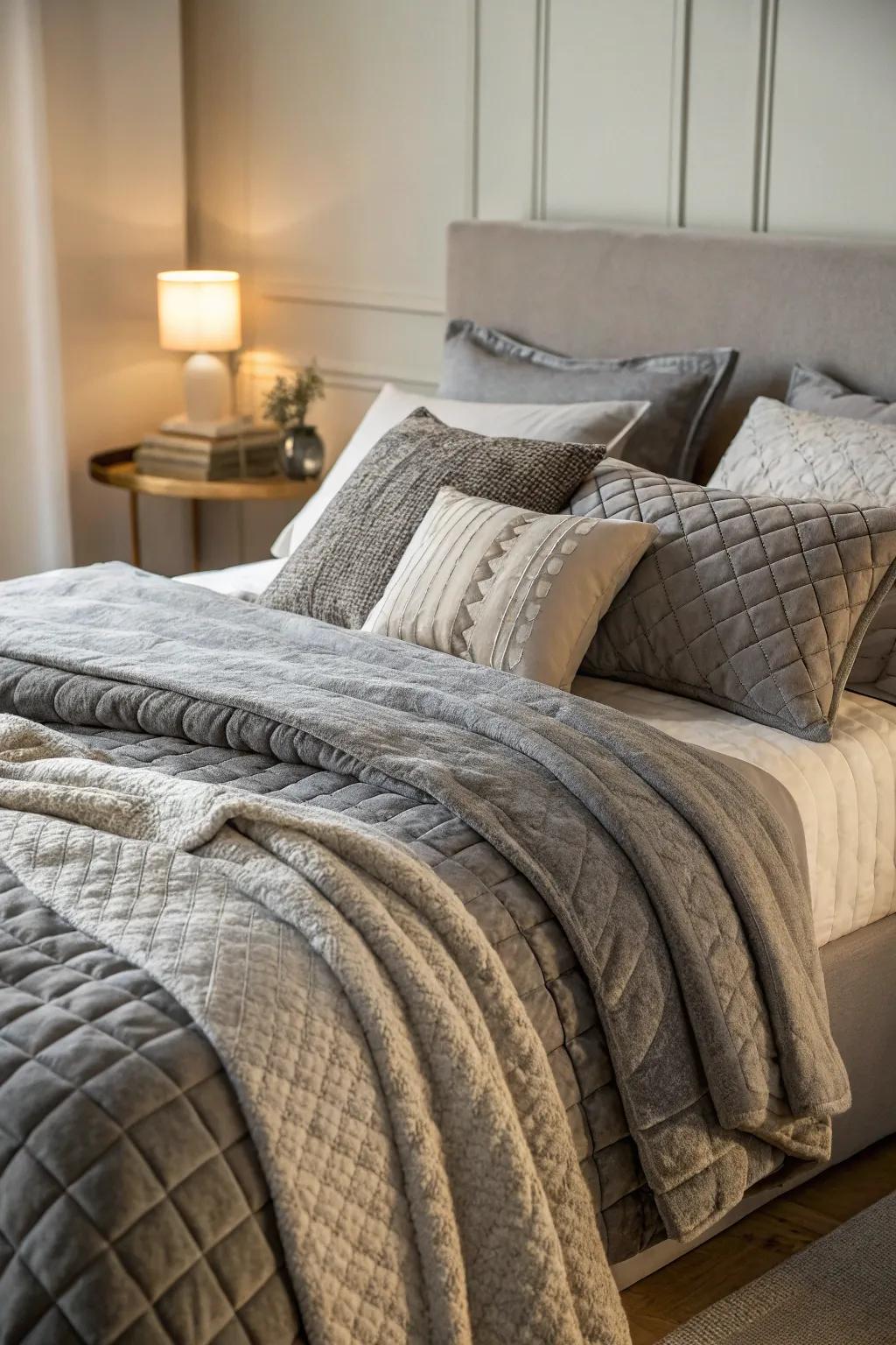 Layered gray bedding designed to create a peaceful sleep environment.