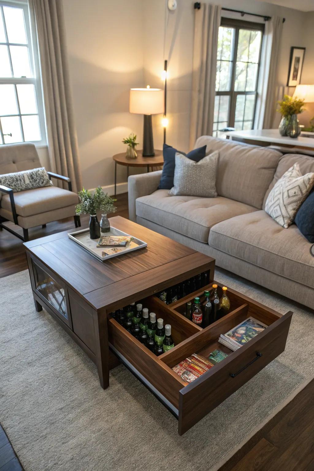 A convertible center table in the parlor with concealed ale bottle storage.