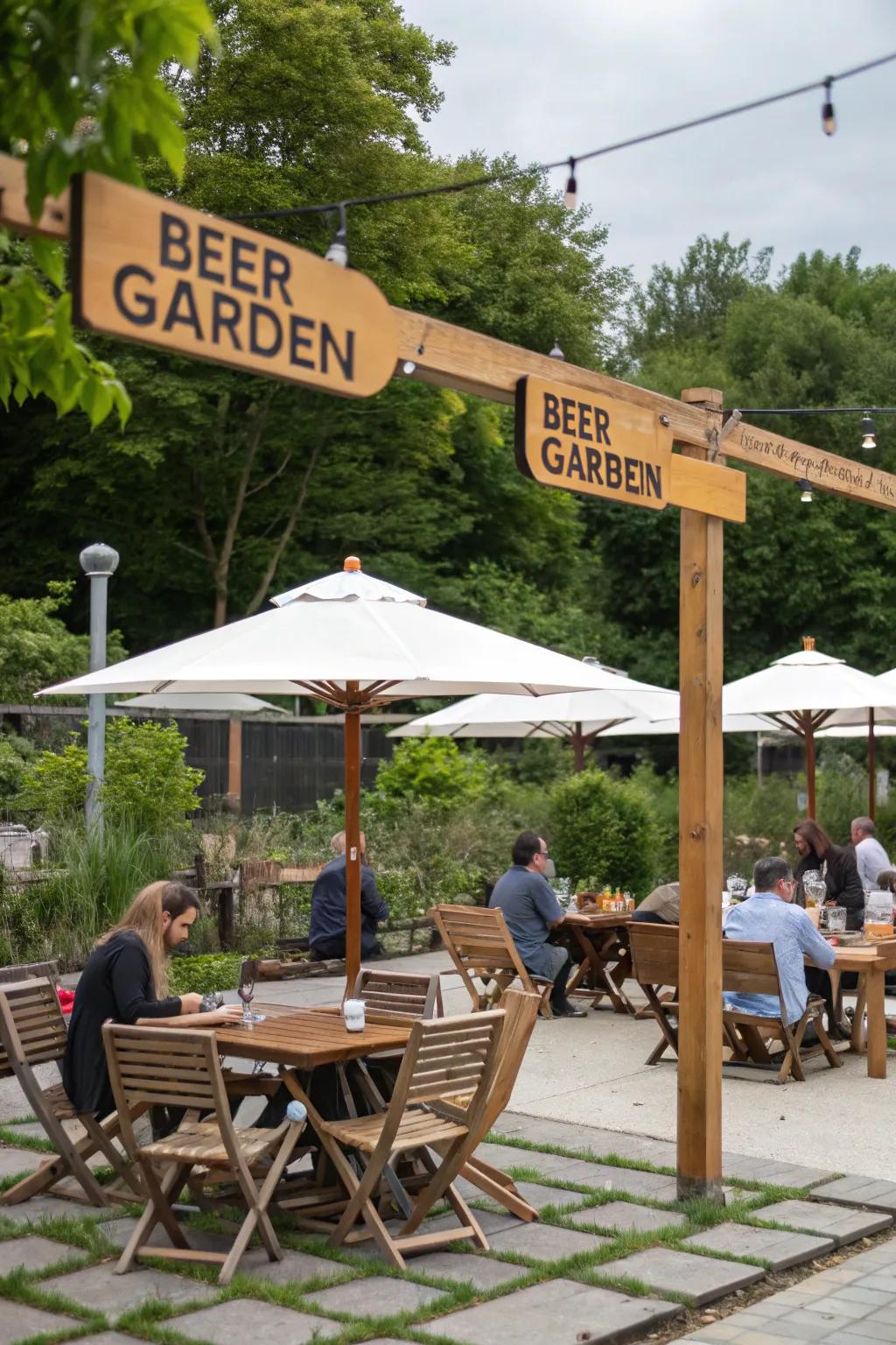 Outdoor social drinking space decorations create a welcoming vibe.