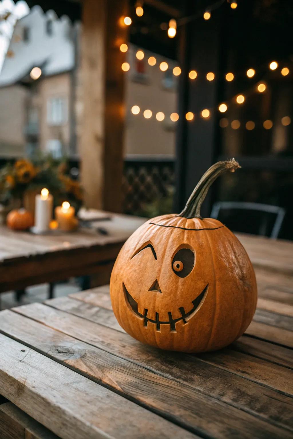 With a whimsical carved pumpkin that makes you smile, embrace the cheerful spirit of Halloween!