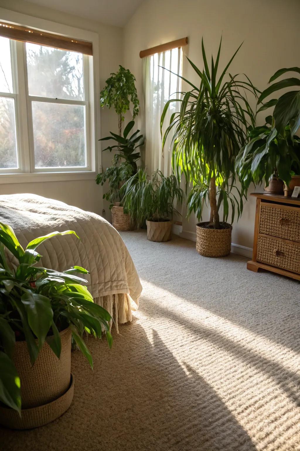 Plants inject a revitalizing touch into this peaceful bedroom that features a beige carpet.