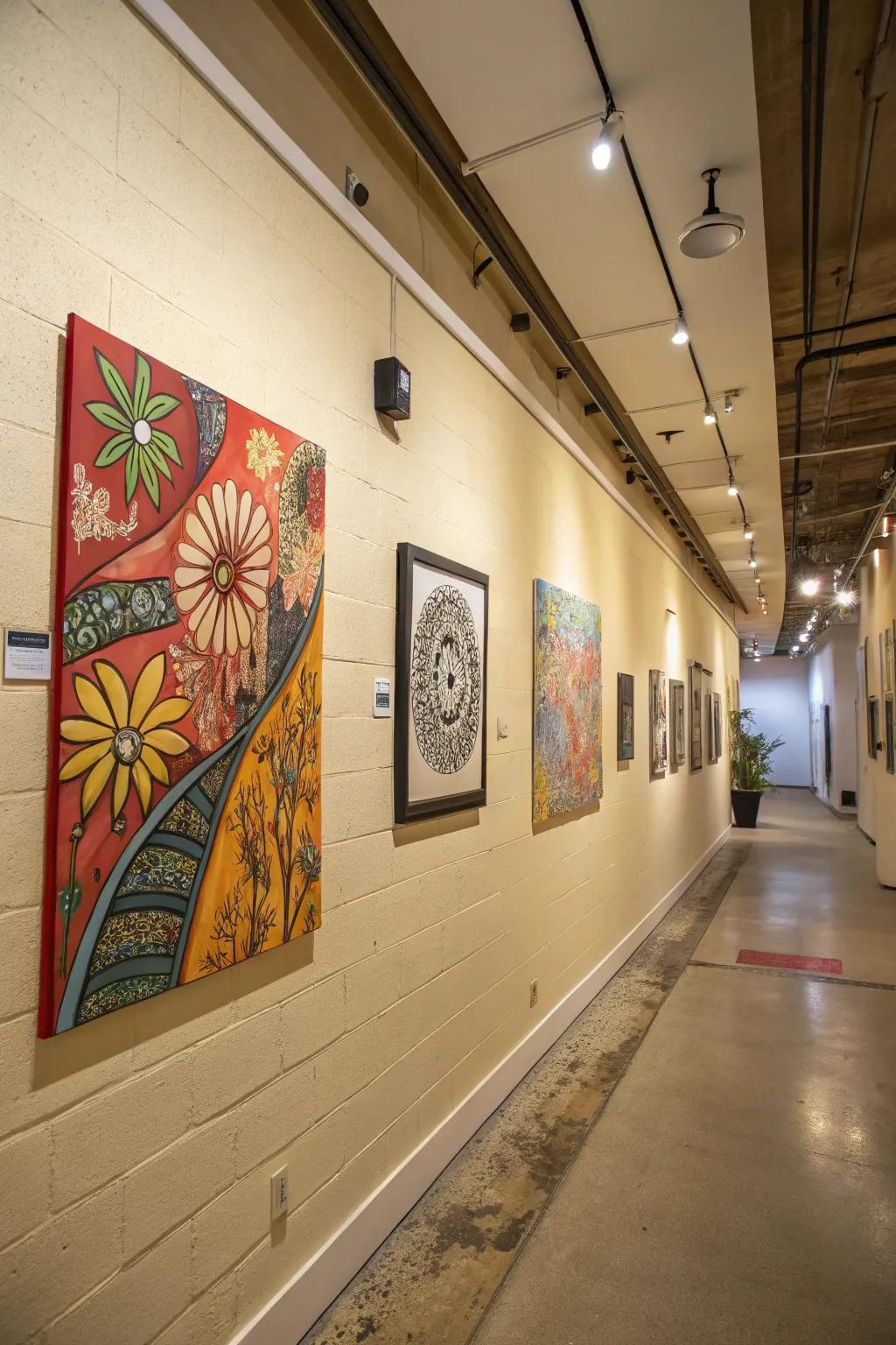 Vibrant artwork is showcased on beige walls, enriching the space’s character.