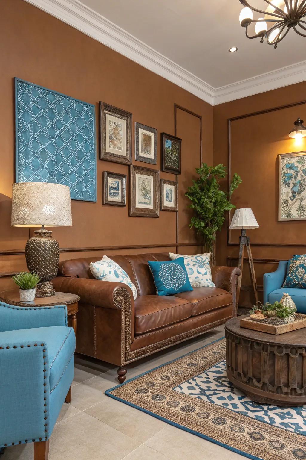 A harmonious blend of walnut and teal for a tranquil space.