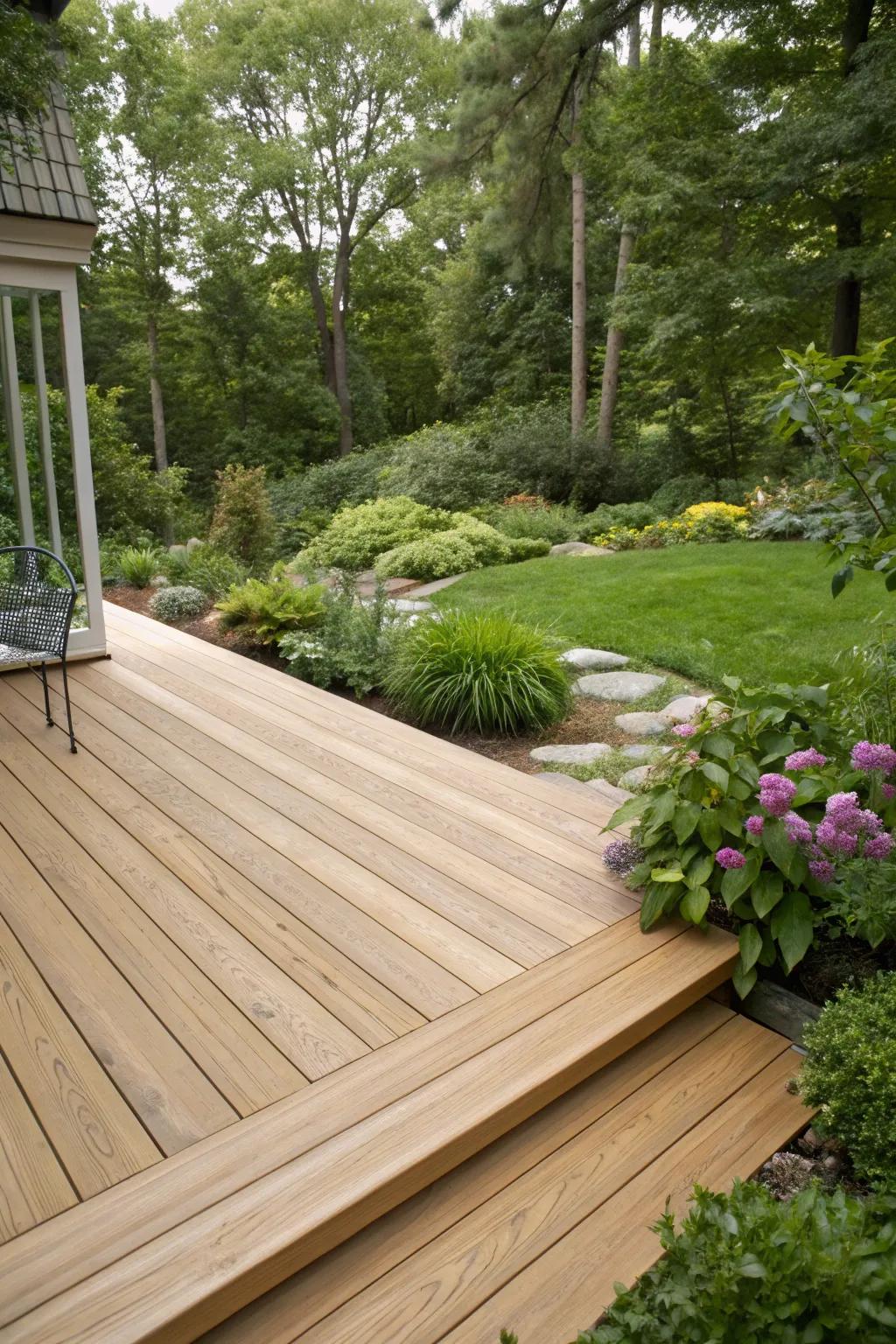 Light pecan decks blend beautifully with natural surroundings.