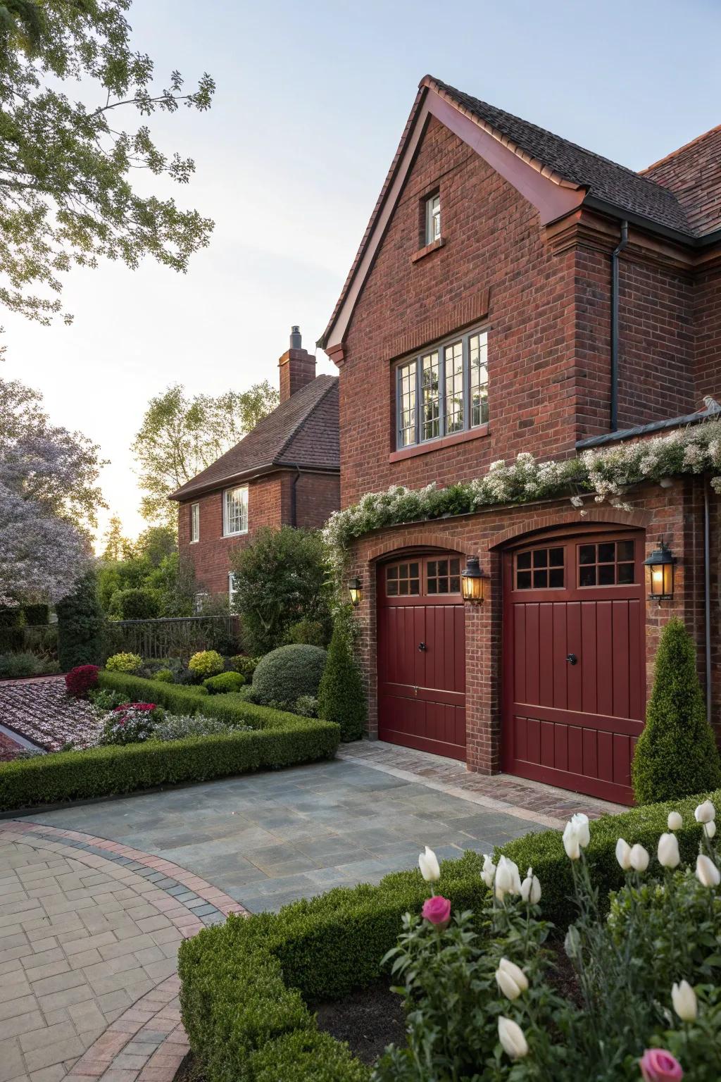 Burgundy garage doors add a dramatic touch to red brick homes.