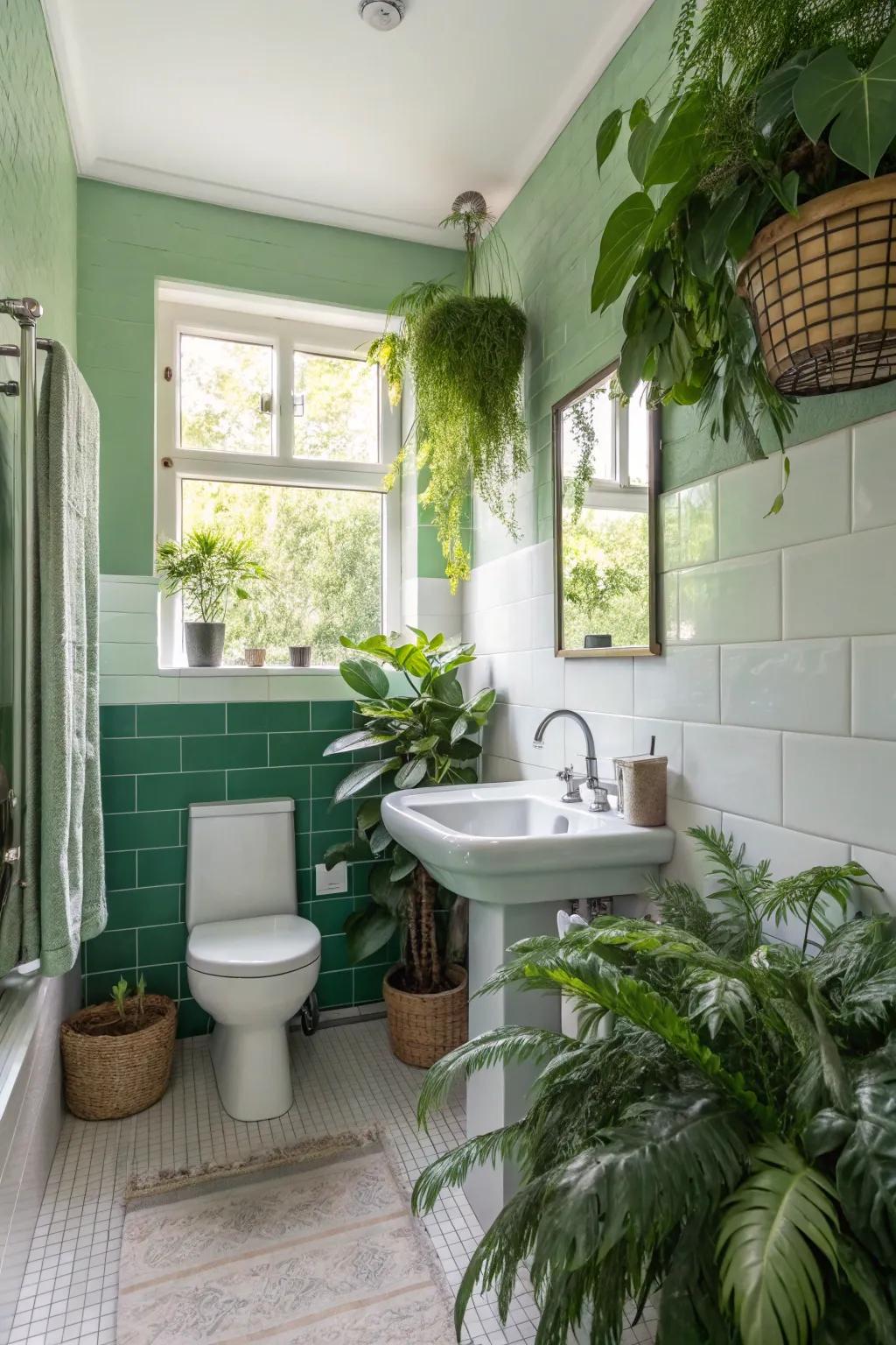 A spa-inspired bathing area featuring peaceful Tibet green walls.