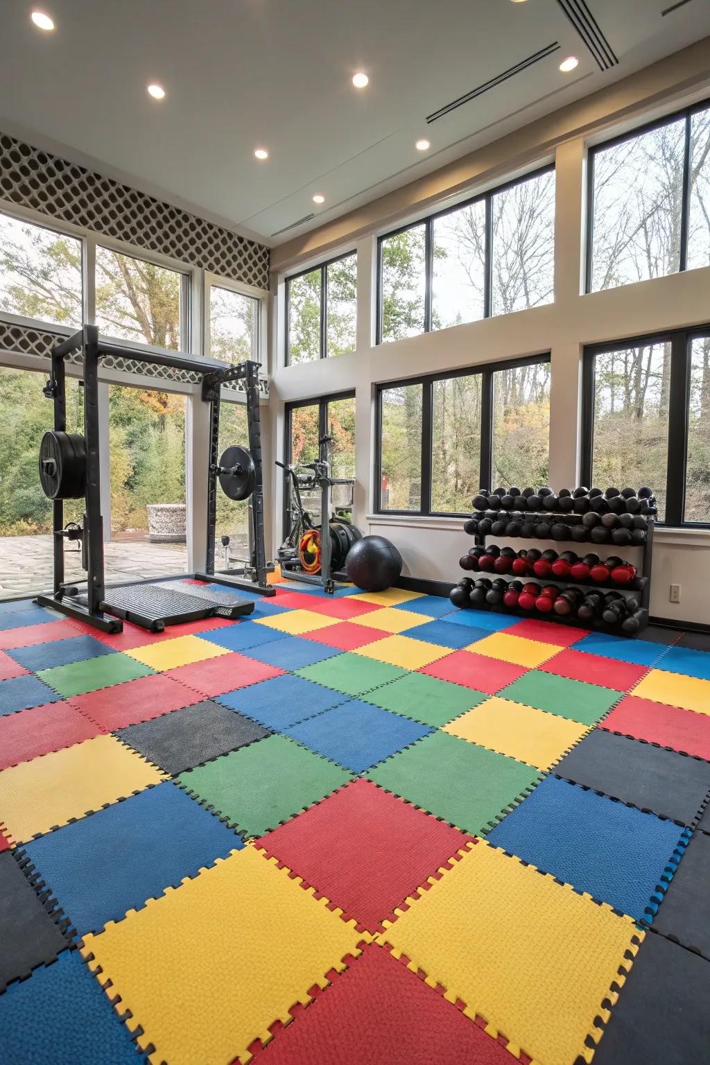 Patterned flooring improves your gym's style and practicality.