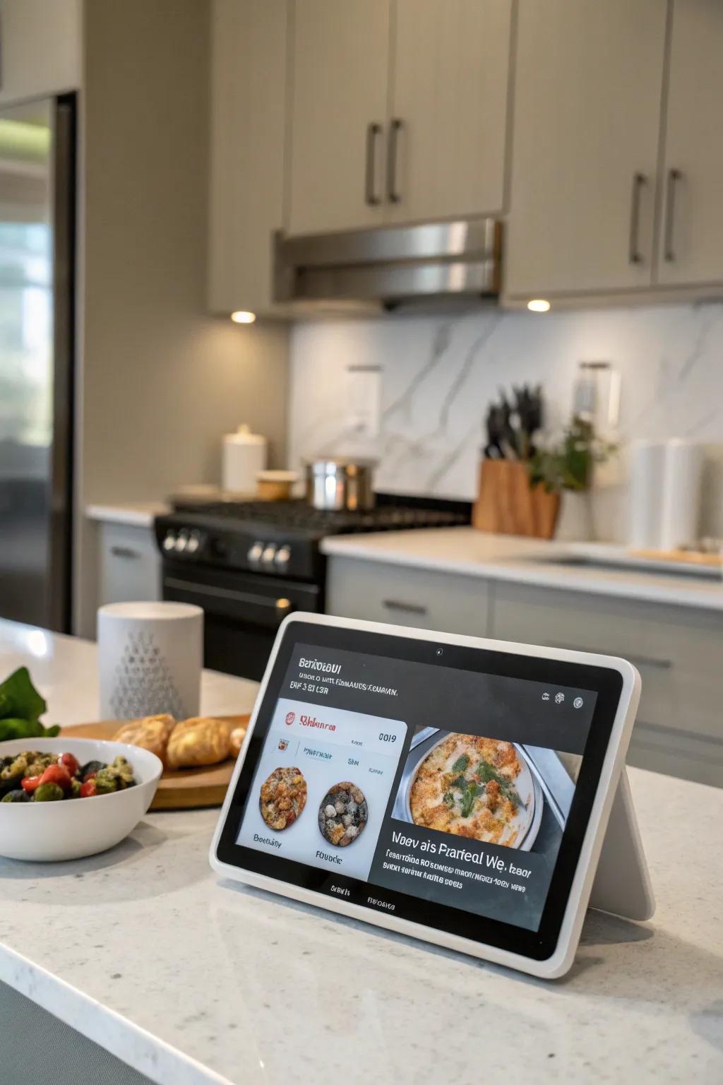 An intelligent display acts as a versatile kitchen assistant, offering recipes and controlling home devices.